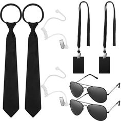 a tie, sunglasses and clip ons are shown