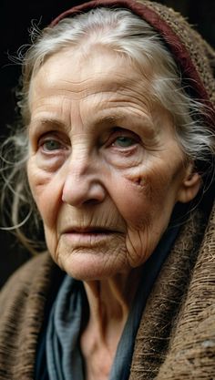 an old woman with white hair and blue eyes is looking at the camera while wearing a scarf