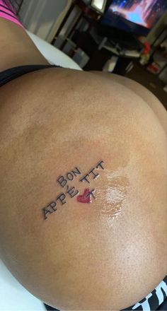 Small Waist Tattoos, Backside Tattoo, Small Stomach Tattoos Women, Tattoos Under Buttcheeks, Hello Kitty Tattoo Ideas, Typographic Tattoo, Pelvic Tattoos, Baddie Tattoos, Him And Her Tattoos