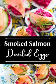 smoked salmon deviled eggs with cucumber and rose petals on a floral plate