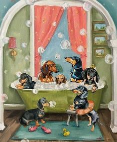 a painting of three dogs in a bathtub with bubbles all over the walls and floor