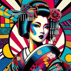 the geisha woman is depicted in this colorful art work by japanese artist and graphic artist,