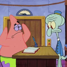 the spongebob character is writing on a notepad next to another cartoon character