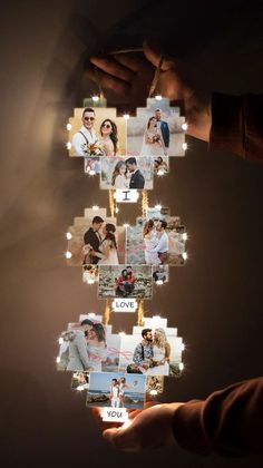 a collage of people holding photos in the shape of a christmas tree with lights