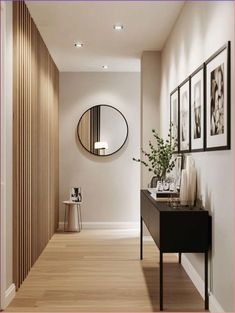 Small Hallway Decor Ideas Apartments, Modern Small Hallway Ideas, Home Decor With Black Accents, Minimalist Hallway Decor, Simple Hallway Decor, Entryway Wood Paneling, Modern Apartment Hallway, New Build Hallway Ideas, Gallery Hallway Ideas