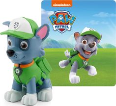 the paw patrol action figure is shown next to an image of a dog with a baseball cap