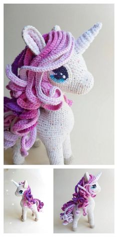 crocheted pony with pink manes and purple tail sitting next to another photo