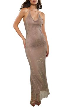 Perfectly paired with a glass of something sparkling, this curve-skimming gown is awash in shimmering crystals and dipped dangerously low in the back. 54" center front length (size Medium) Hidden side-zip; ties behind neck Deep halter neck Open back Adjustable tie straps Lined 95% polyester, 5% elastane Hand wash, dry flat Imported Glamorous Low Back Gown For Party, Glamorous Party Gown With Low Back, Glamorous Low Back Party Gown, Fitted Sleeveless Glitter Gown, Sleeveless Fitted Glitter Gown, Glamorous Low Back Evening Dress, Shimmer Fitted Floor-length Gown, Sparkling Backless Evening Dress, Sparkling Fitted Gown For Night Out