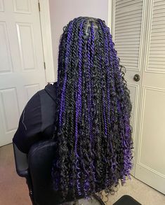 Black And Purple Passion Twist, Purple Island Twist, Black And Purple Boho Braids, Blue Boho Knotless Braids, Peekaboo Box Braids Purple, Island Twist Color Combo, Island Twist Boho With Color, Weave Twist Hairstyles, Purple French Curls Braids