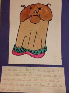 a child's drawing of a dog sitting on top of a piece of paper