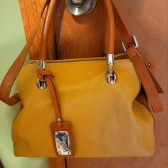 Mustard Colorw/Caramel Colored Straps Bottom With Silver Accents. Caramel Color, Silver Accents, Leather Handbag, Leather Handbags, Mustard, Caramel, Satchel, Bag Lady, Handbags