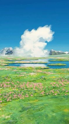 an image of a green field with flowers and clouds in the sky above it is a lake surrounded by mountains