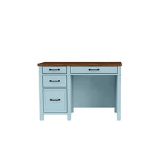 a blue desk with two drawers and a wooden top