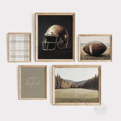 four framed football pictures hang on the wall