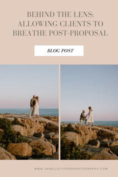 two people standing on rocks with the text behind them that reads behind the lens, allowing client