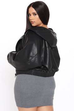 Available In Black And White. Faux Leather Jacket Hooded With Drawstring Dolman Sleeve Elastic Hem Self: 100%Polyurethane Lining:100% Polyester Imported | Call Me Baddie Faux Leather Jacket in Black size Large by Fashion Nova Black Faux Leather Jacket, Leather Jacket Black, Faux Leather Jacket, Curve Dresses, Womens Loungewear, Faux Leather Jackets, Graphic Tees Women, Rompers Women, Dolman Sleeve