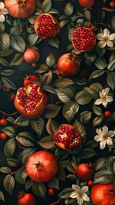 a painting of pomegranates, leaves and flowers on a black background