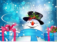 a snowman wearing a top hat and scarf with presents around him on a blue background