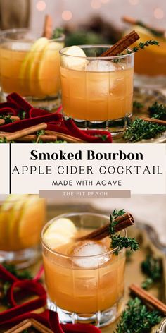 an apple cider cocktail is garnished with cinnamon and fresh herbs for the perfect fall drink