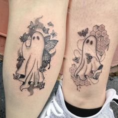 two people with tattoos on their legs, one has an octopus and the other has a bee