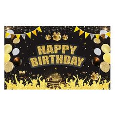 a happy birthday banner with balloons and confetti on the bottom says happy birthday