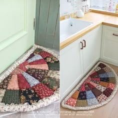 two pictures of the same kitchen area with rugs on the floor and sink in the middle