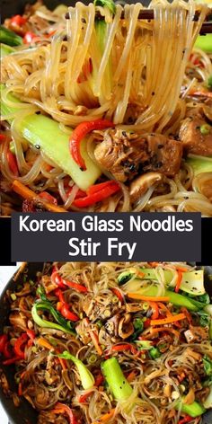 korean glass noodles stir fry with chicken and vegetables