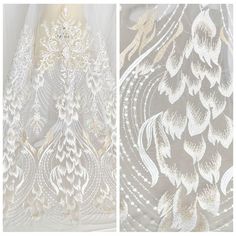 two pictures of the same fabric, one in white and one in beige with an intricate design