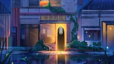 an anime scene with the entrance to a building at night