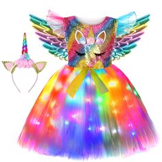 PRICES MAY VARY. LED Light Up Girl Unicorn Costume- Include: 1 LED light up Unicorn dress+ 1 Unicorn headband (Without Lights)+1×Wings(Without Lights). Modern Design: Our Unicorn Costume is handmade, designed with colorful lights that glow in the dark, your girl is sure to stand out from the crowd. Easy to Wear - The unicorn costume top with new Tulle Flying Sleeve and Sleeveless design, and has a unicorn pattern,The back is elastic,so your girls can stretch and move without causing stress on se Girls Unicorn Costume, Girl Unicorn Costume, Girls Mermaid Costume, Led Tutu, Halloween Tutu Dress, Stretch Crochet, Halloween Led Lights, Unicorn Wings, Light Fairy