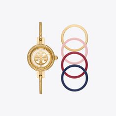 Named after Tory’s mother, the Reva is defined by an iconic Double T logo dial. Featuring five interchangeable top rings in four colors, it has an octagonal crown for a subtle signature geometric touch. The slim bracelet has a fold-over clasp to keep the watch secure and comfortable around the wrist. Tory Burch Watch, Womens Designer Watches, A T, 2024 Wishlist, Gold Watches, Gold Watches Women, T Logo, Bangle Watches, Watch Gift