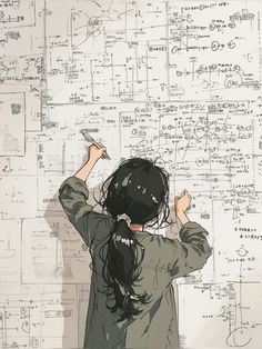 a girl writing on a wall with lots of drawings all over her back and hands behind her head