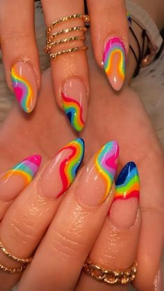 Rave Nails, Unghie Nail Art, Hippie Nails, Colorful Nail, Crazy Nails, Ideas Nails, Nails Simple, Rainbow Nails, Festival Nails