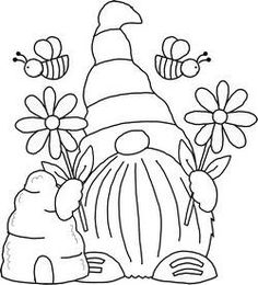 a black and white drawing of a gnome with flowers in front of his face,