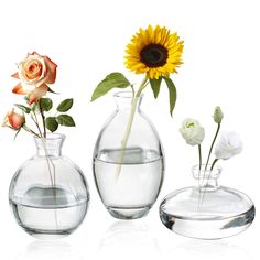 three clear vases with flowers in them on a white surface, one is empty