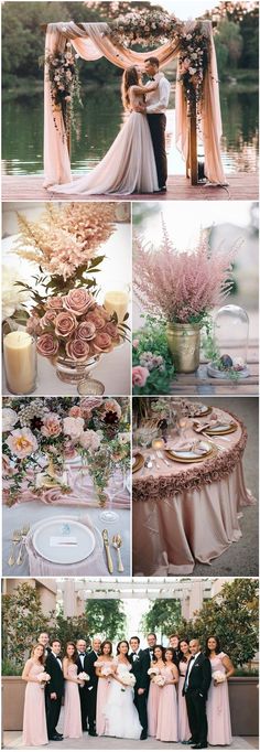 a collage of different pictures with flowers and people in formal wear standing around the table