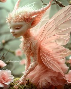 a pink fairy sitting on top of a tree branch