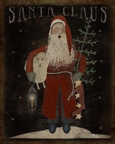 a santa clause holding a christmas tree and a lantern in front of a black background