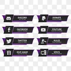 purple and black social media banners with different types of logos on them, transparent background