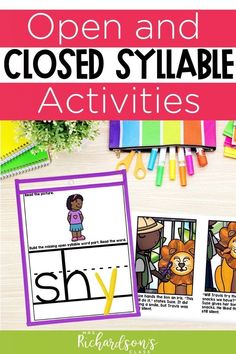 open and closed sylabe activities with the words shy on it, including an animal