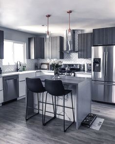 a kitchen with two bar stools next to an island