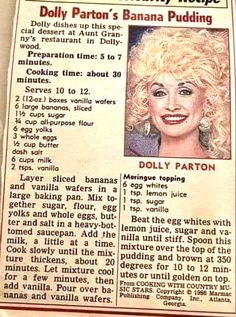 dolly parton's banana pudding recipe is featured in the daily news on july 5, 2009