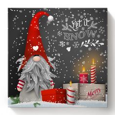 a christmas card with a gnome and presents