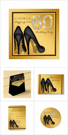 an elegant 60th birthday party with high heel shoes and gold foil on the front, in black