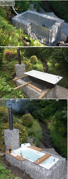 an outdoor hot tub is built into the ground