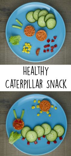 the healthy caterpillar snack is made with cucumbers, lettuce and tomatoes