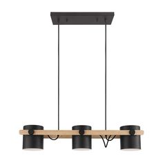 three lights hanging from a wooden beam