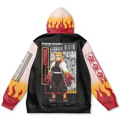 the back of a black and red hoodie with an image of anime character on it