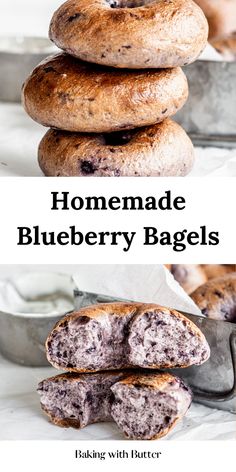 homemade blueberry bagels stacked on top of each other with the title above it