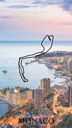 an aerial view of the monaco circuit at dusk with text overlay that reads monaco